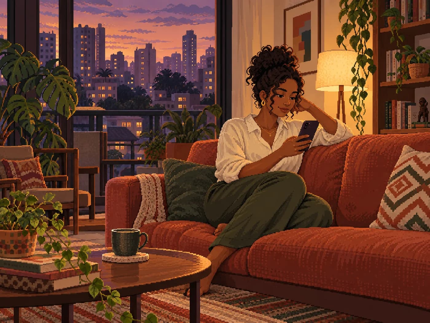 Ilustração de uma mulher usando o celular em casa depois do trabalho.