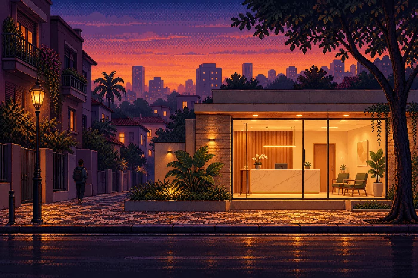 Ilustração de uma clínica iluminada enquanto a cidade anoitece.